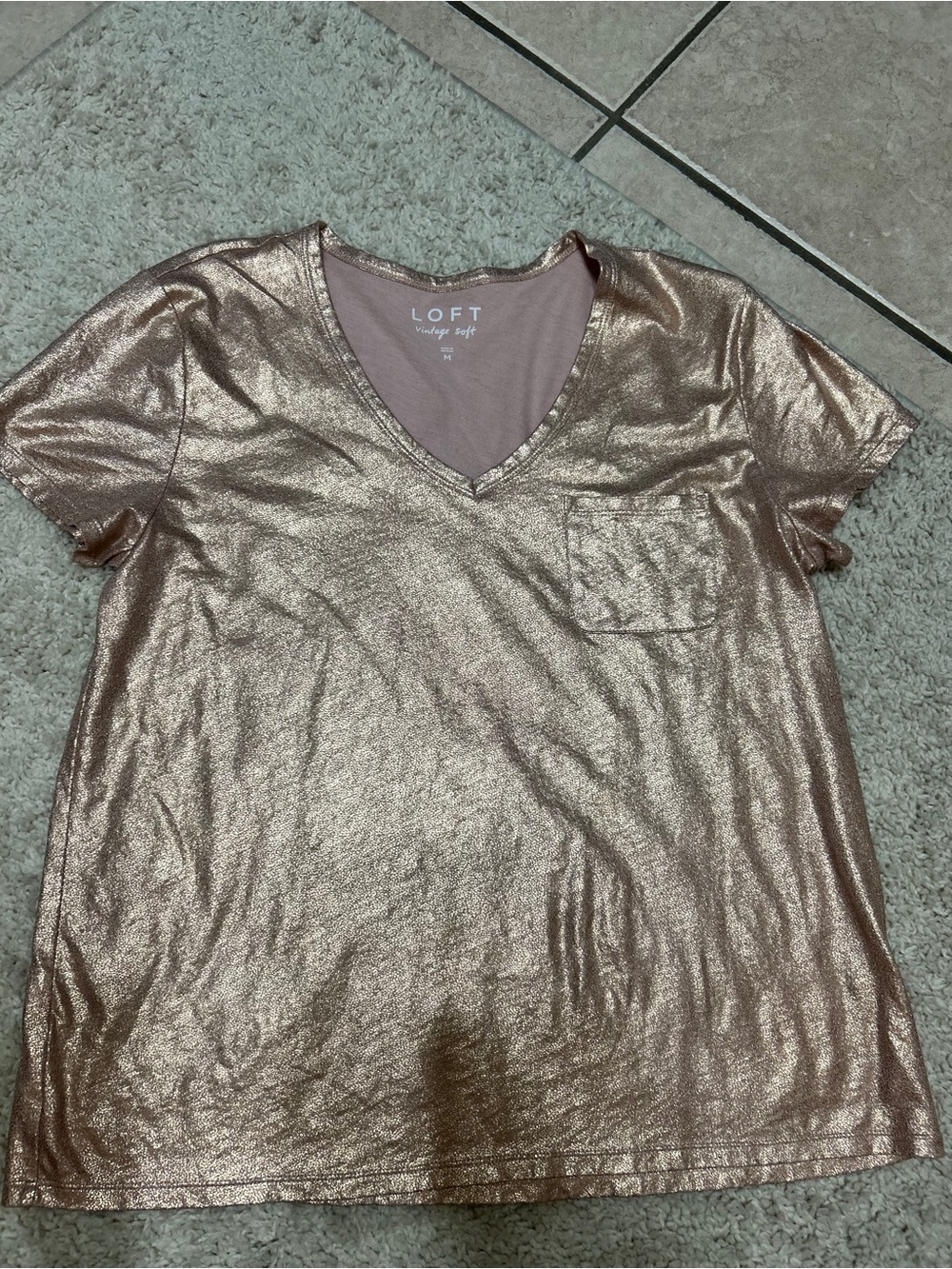 LOFT Rose Gold Metallic V-Neck Short Sleeve Tee